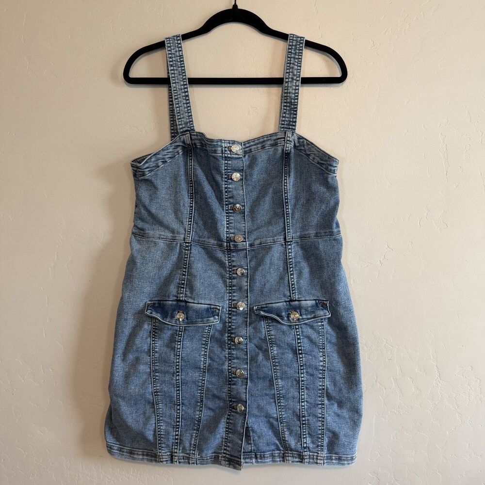 H&M Divided Womens Large Denim Mini Dress Fitted w/ Straps Stretchy Button